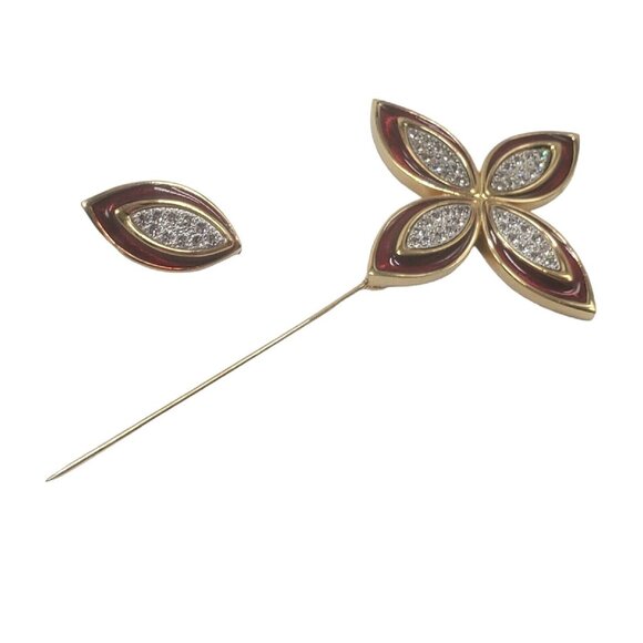 Vtg Monet Quatrefoil Stick Lapel Pin Brooch 4" Red Enamel Gold Tone Rhinestone - Picture 6 of 8